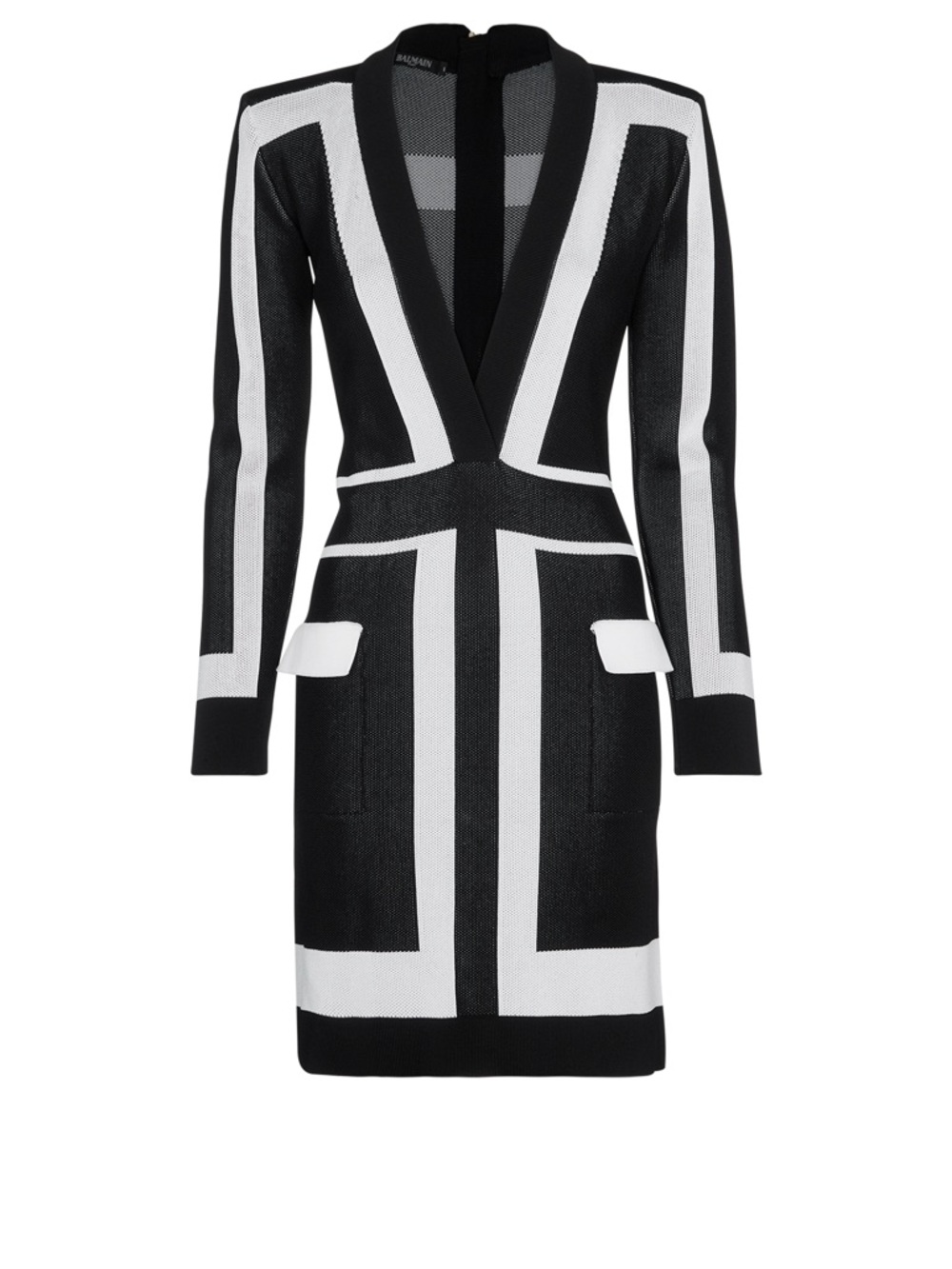 Balmain Black and White Geometric Long Sleeve Knit Dress